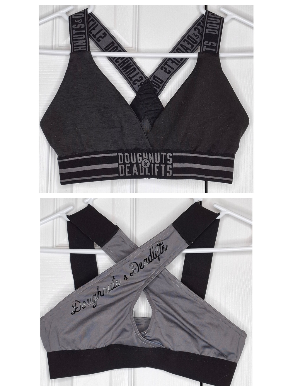 BUNDLE OF 2 Doughnuts & Deadlifts Logo Sports Bras in Black & Gray